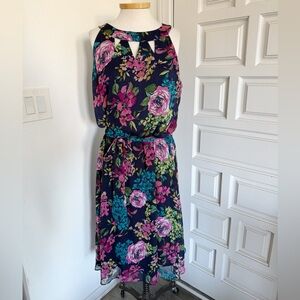 JBS Floral Midi Dress Navy Pink Green Sleeveless Size 16